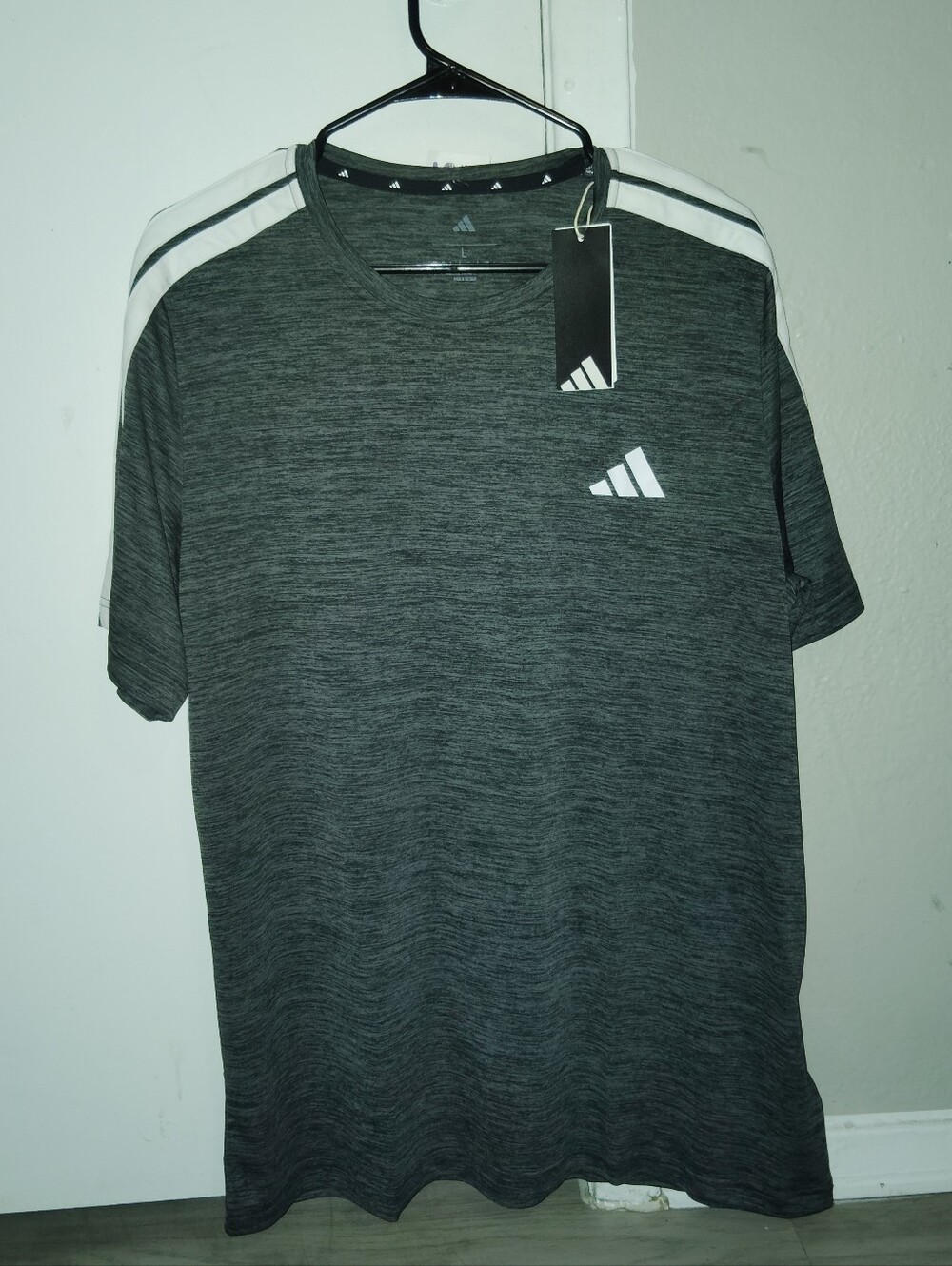 adidas Dark Gray Short-Sleeve Athletic Tee with White Shoulder Stripes